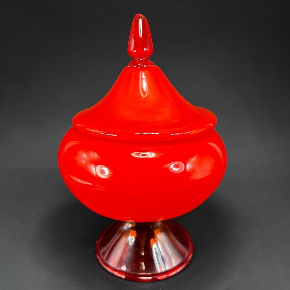 Vintage Italian Empoli Hand Blown Orange Cased Glass Pedestal Apothecary Jar 11"